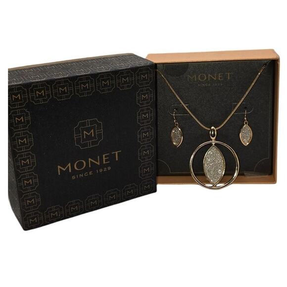 Monet Gold Tone Glitter Pendant Necklace & Drop Earrings Gift Set - New in Box - Picture 1 of 5